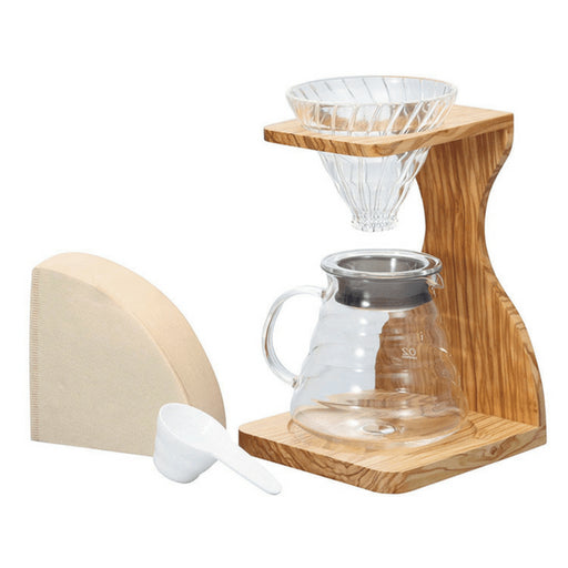 Hario V60 Olive Wood Stand & Heat Resistant Glass Coffee Server 02 Set - Premium Quality Coffee Brewing Set-Kiichin - The #1 Place for Japanese Goods in Your Hand!