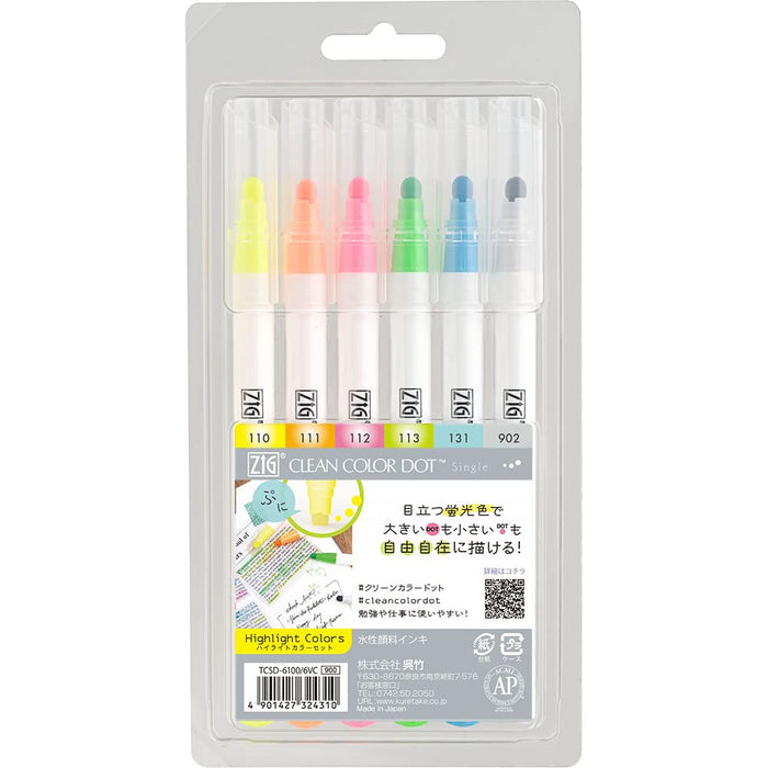 Kuretake Water-Based Pen Set - Zig Clean Color Dot Highlight (Tcsd-6100/6Vc)-Kiichin - The #1 Place for Japanese Goods in Your Hand!