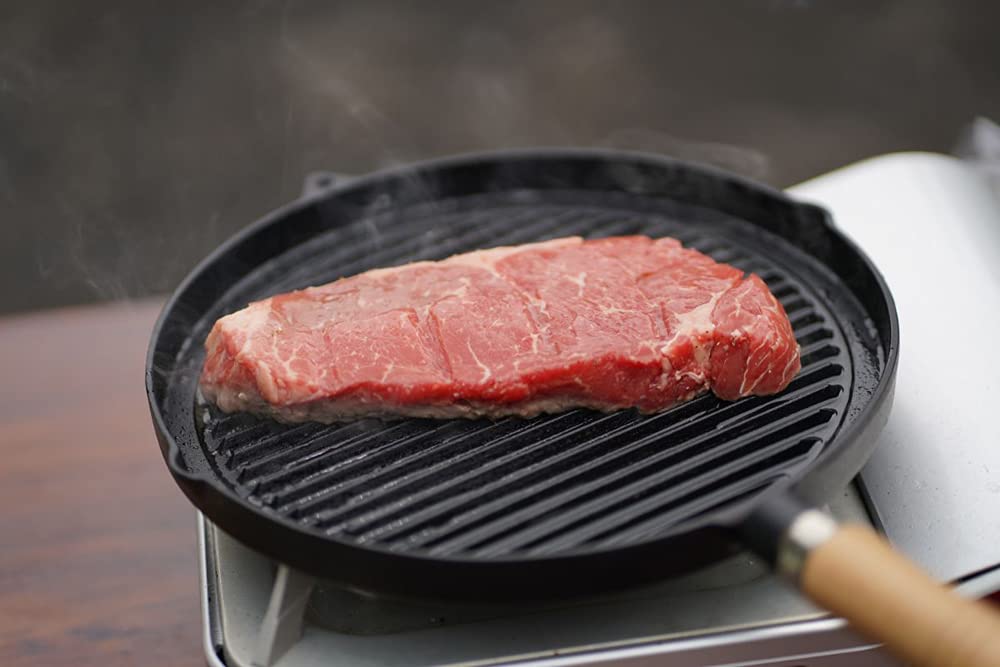 Ikenaga Iron Works 26.4cm Cast Iron Grill Pan with Japanese Wooden Handle-Kiichin - The #1 Place for Japanese Goods in Your Hand!