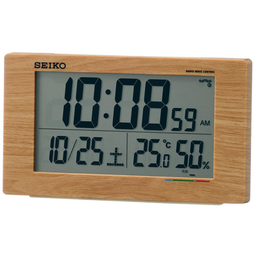 Seiko Clock Digital Alarm Table Clock with Radio Wave, Calendar, Temp & Humidity Display - Light Brown Wood Grain Sq784A-Kiichin - The #1 Place for Japanese Goods in Your Hand!